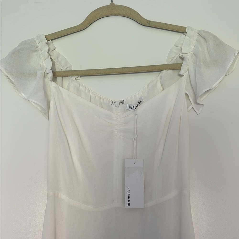 Reformation White Off-Shoulder Midi Dress